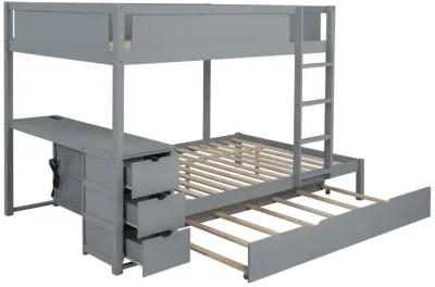 Full Over Full Bunk Bed With Twin Size Trundle, Storage And Desk, Gray