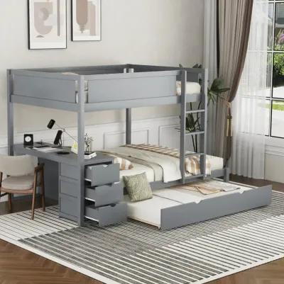 Full Over Full Bunk Bed With Twin Size Trundle, Storage And Desk, Gray