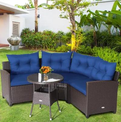 4 Pieces Patio Rattan Furniture Set Cushioned Sofa Glass Table