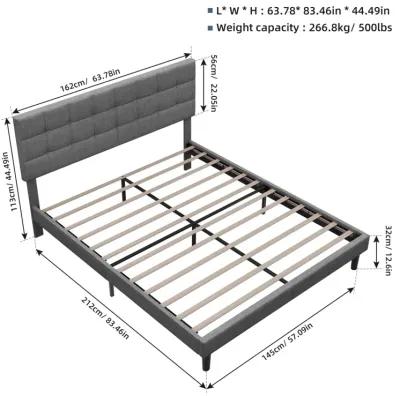 Queen Size Upholstered Platform Bed Linen Bed Frame With 2 Drawers Stitched Padded Headboard