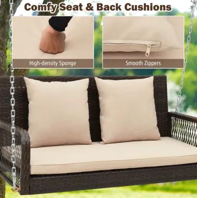 2-Person Outdoor Wicker Porch Swing with Seat and Back Cushions