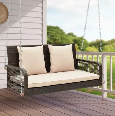 2-Person Outdoor Wicker Porch Swing with Seat and Back Cushions