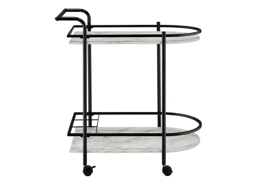 Rhea 32 Inch Bar Cart Trolley, U Shaped Tray, Faux Marble Shelves, Black-Benzara