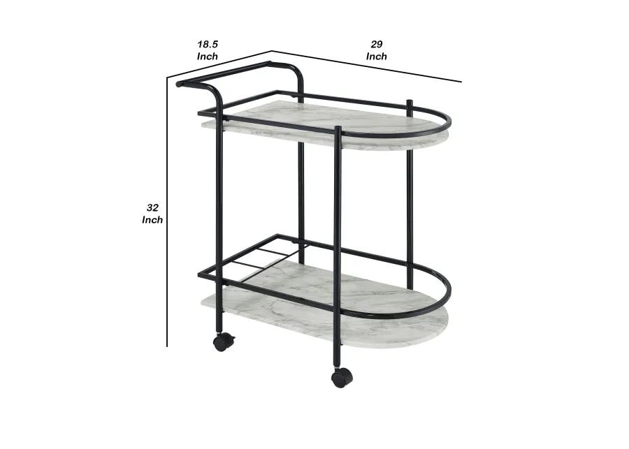 Rhea 32 Inch Bar Cart Trolley, U Shaped Tray, Faux Marble Shelves, Black-Benzara