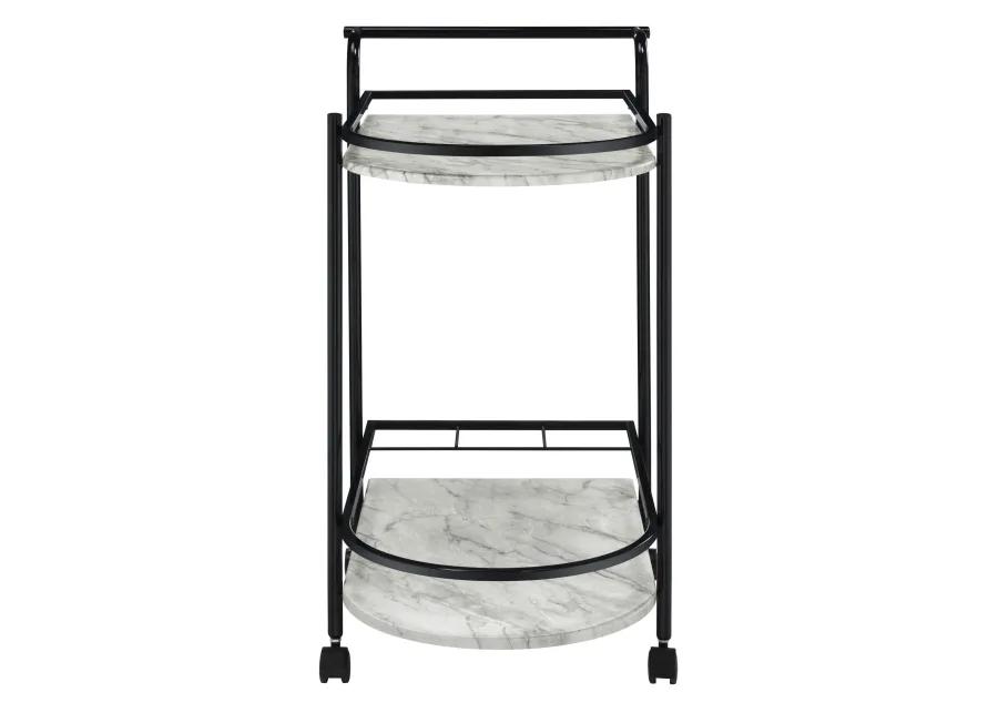 Rhea 32 Inch Bar Cart Trolley, U Shaped Tray, Faux Marble Shelves, Black-Benzara