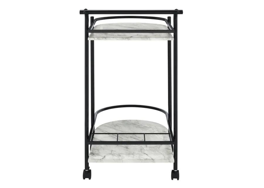 Rhea 32 Inch Bar Cart Trolley, U Shaped Tray, Faux Marble Shelves, Black-Benzara