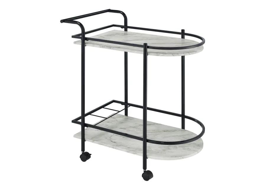 Rhea 32 Inch Bar Cart Trolley, U Shaped Tray, Faux Marble Shelves, Black-Benzara