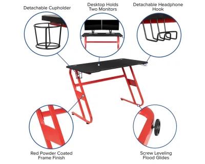 Flash Furniture Red Gaming Desk and Black Footrest Reclining Gaming Chair Set with Cup Holder and Headphone Hook