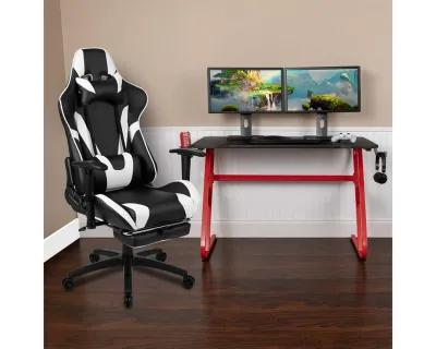 Flash Furniture Red Gaming Desk and Black Footrest Reclining Gaming Chair Set with Cup Holder and Headphone Hook