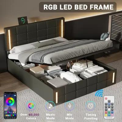 Storage Bed Frame Upholstered Platform Bed with LED Lights