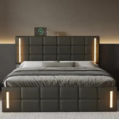 Storage Bed Frame Upholstered Platform Bed with LED Lights