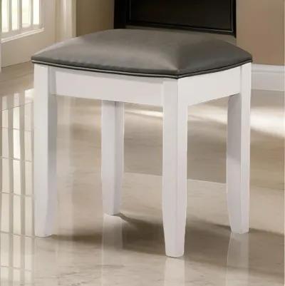 18 Inch Vanity Stool, Foam Cushion, White Frame, Metallic Gray Faux Leather - Benzara