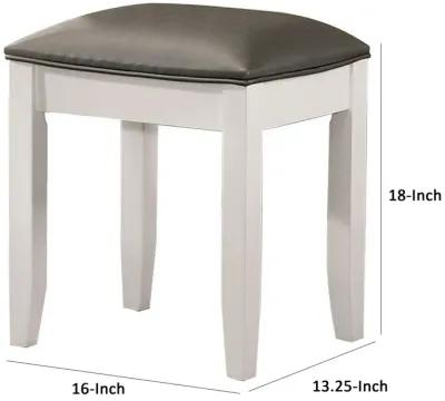 18 Inch Vanity Stool, Foam Cushion, White Frame, Metallic Gray Faux Leather - Benzara