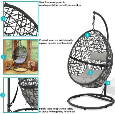 Sunnydaze Resin Wicker Hanging Egg Chair with Steel Stand/Cushions