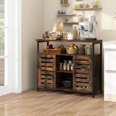 Buffet Cabinet Industrial Sideboard Storage Cabinet with Push-to-Open Slatted Door and 3 Adjustable Shelves-Rustic Brown