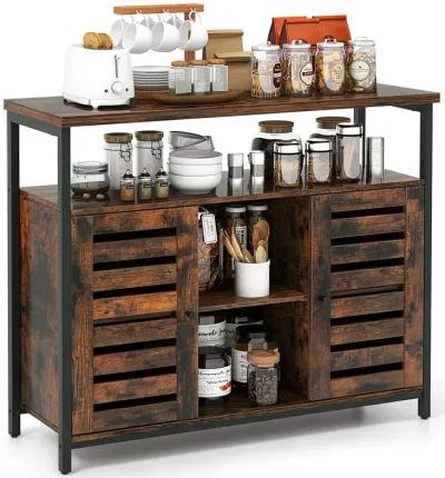 Buffet Cabinet Industrial Sideboard Storage Cabinet with Push-to-Open Slatted Door and 3 Adjustable Shelves-Rustic Brown