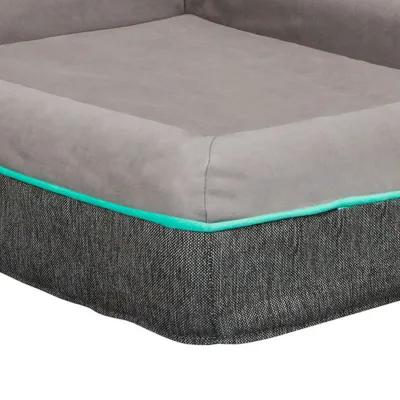 Rio 28 Inch Dog Bed, Teal Piping, Memory Foam, Cushioned, Gray Finish - Benzara