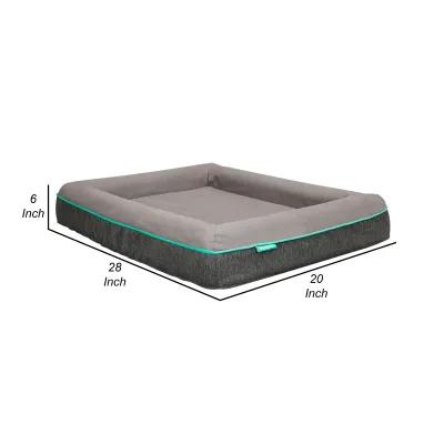 Rio 28 Inch Dog Bed, Teal Piping, Memory Foam, Cushioned, Gray Finish - Benzara