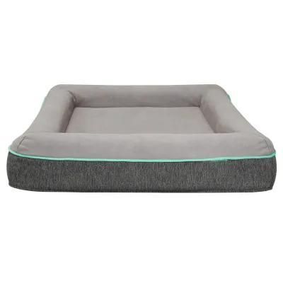 Rio 28 Inch Dog Bed, Teal Piping, Memory Foam, Cushioned, Gray Finish - Benzara