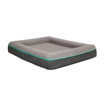 Rio 28 Inch Dog Bed, Teal Piping, Memory Foam, Cushioned, Gray Finish - Benzara