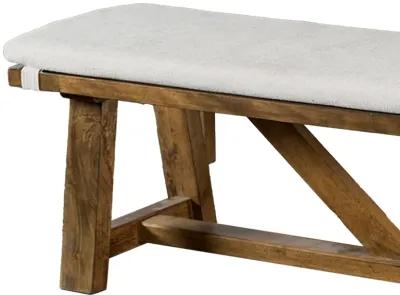 Jule Dining Bench, Trestle Base, 69 Inch, Brown Wood with Off White Seat