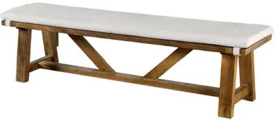 Jule Dining Bench, Trestle Base, 69 Inch, Brown Wood with Off White Seat