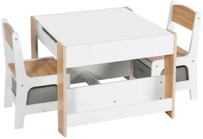 LuxenHome Kids Art Play Activity Table with Storage Shelf and Chair Set with Storage Baskets, White & Gray