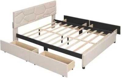 Queen Size Upholstered Platform Bed With Brick Pattern Headboard And 4 Drawers, Linen Fabric