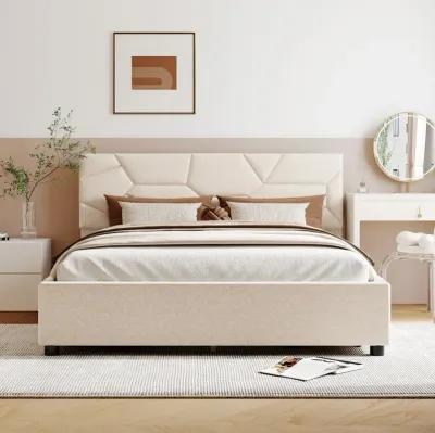 Queen Size Upholstered Platform Bed With Brick Pattern Headboard And 4 Drawers, Linen Fabric