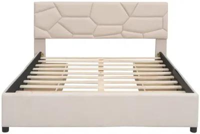 Queen Size Upholstered Platform Bed With Brick Pattern Headboard And 4 Drawers, Linen Fabric