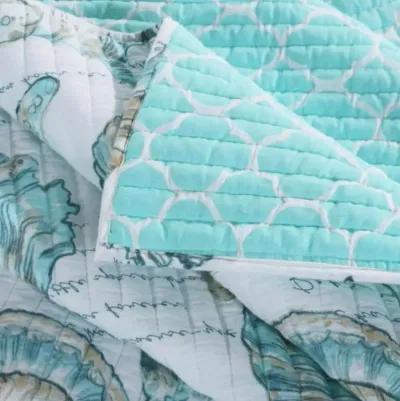 QuikFurn King size Coastal Seashells 3 Piece White Teal Polyester Reversible Quilt Set