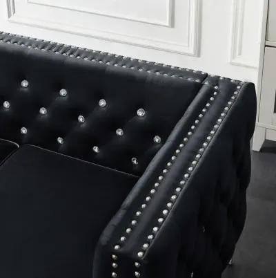 Width Modern Velvet Sofa Jeweled Buttons Tufted Square Arm Couch, 2 Pillows