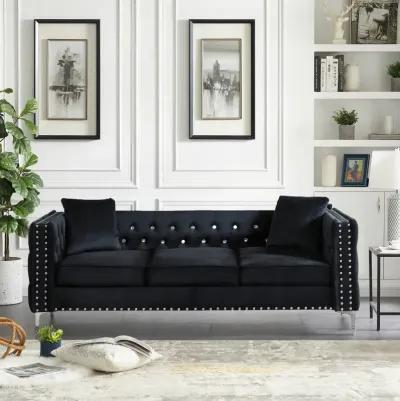 Width Modern Velvet Sofa Jeweled Buttons Tufted Square Arm Couch, 2 Pillows