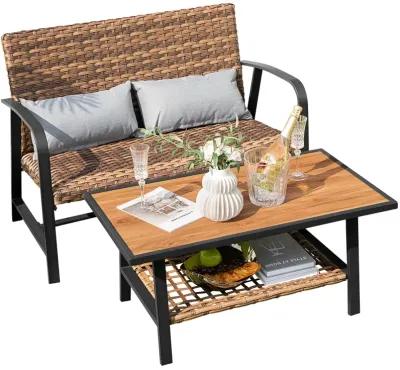 2 Pieces Patio Rattan Coffee Table Set with Shelf and Quick Dry Cushion