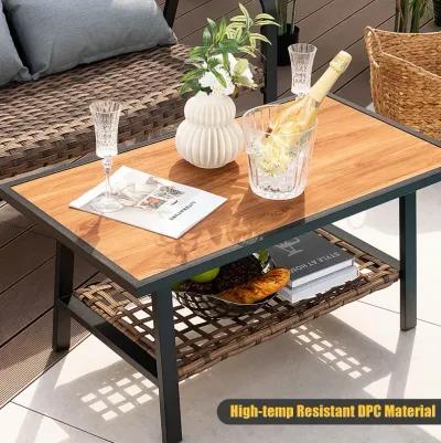 2 Pieces Patio Rattan Coffee Table Set with Shelf and Quick Dry Cushion