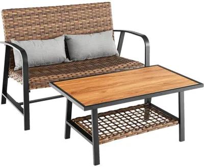 2 Pieces Patio Rattan Coffee Table Set with Shelf and Quick Dry Cushion