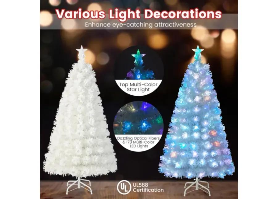 Hivvago 5/6/7 Feet Pre-Lit Fiber Optic White Snow-Flocked Artificial Christmas Tree