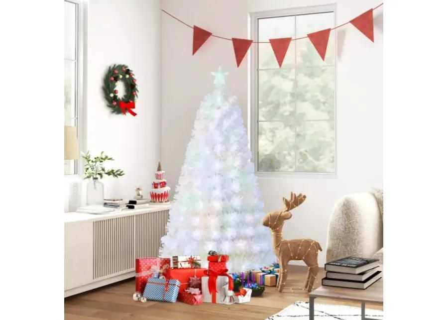 Hivvago 5/6/7 Feet Pre-Lit Fiber Optic White Snow-Flocked Artificial Christmas Tree