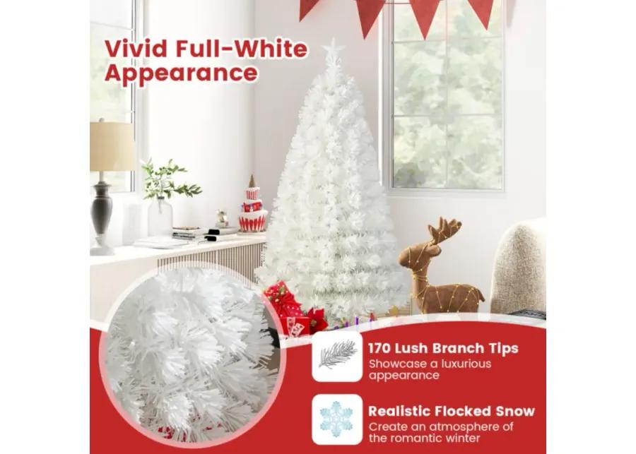 Hivvago 5/6/7 Feet Pre-Lit Fiber Optic White Snow-Flocked Artificial Christmas Tree