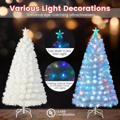 Hivvago 5/6/7 Feet Pre-Lit Fiber Optic White Snow-Flocked Artificial Christmas Tree