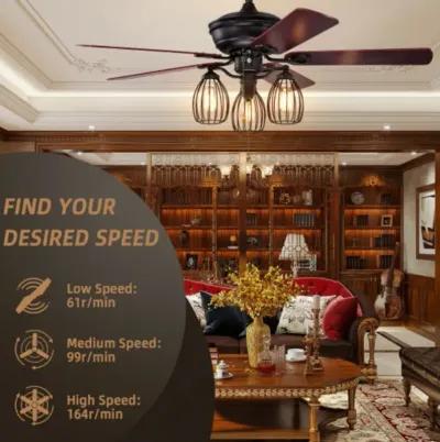 52" Electric Ceiling Fan with 5 Blades and 3 Lights for Living Room and Bedroom