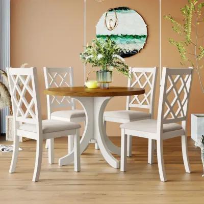 Mid-Century Solid Wood 5-Piece Round Dining Table Set, Kitchen Table Set with Upholstered Chairs