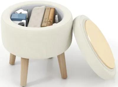 Round Storage Ottoman with Rubber Wood Legs and Adjustable Foot Pads