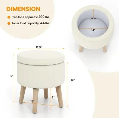 Round Storage Ottoman with Rubber Wood Legs and Adjustable Foot Pads