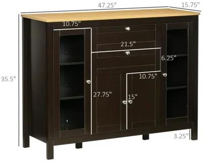 Oak/Dark Brown Sideboard: 47" Modern Buffet with Glass Doors