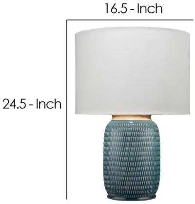 Table Lamp with Ribbed Ceramic Body and Fabric Shade, Blue-Benzara