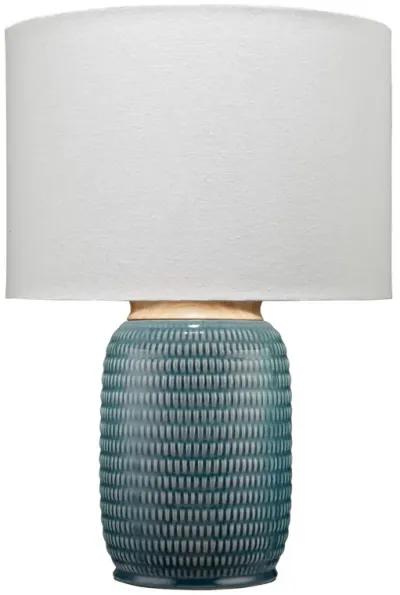 Table Lamp with Ribbed Ceramic Body and Fabric Shade, Blue-Benzara