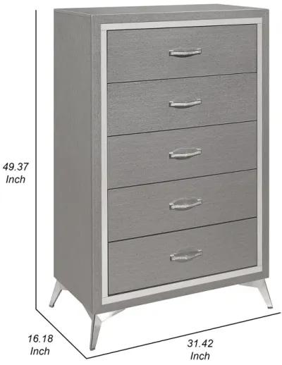 Sami 49 Inch Tall Dresser, 5 Drawers, Mirror Trim, Embossed Texture, Gray - Benzara