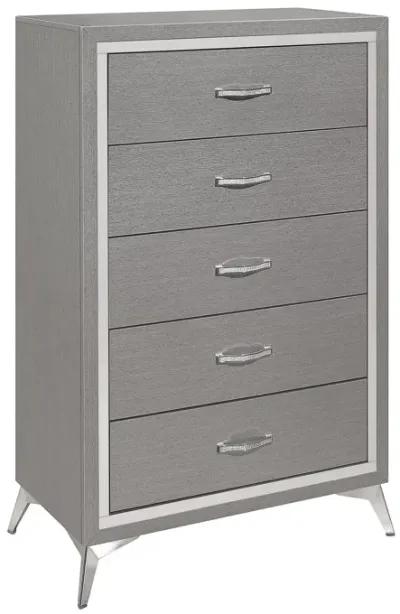 Sami 49 Inch Tall Dresser, 5 Drawers, Mirror Trim, Embossed Texture, Gray - Benzara