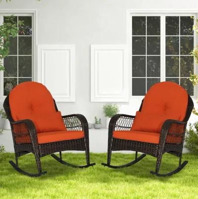 Patio Rattan Rocking Chair with Seat Back Cushions and Waist Pillow